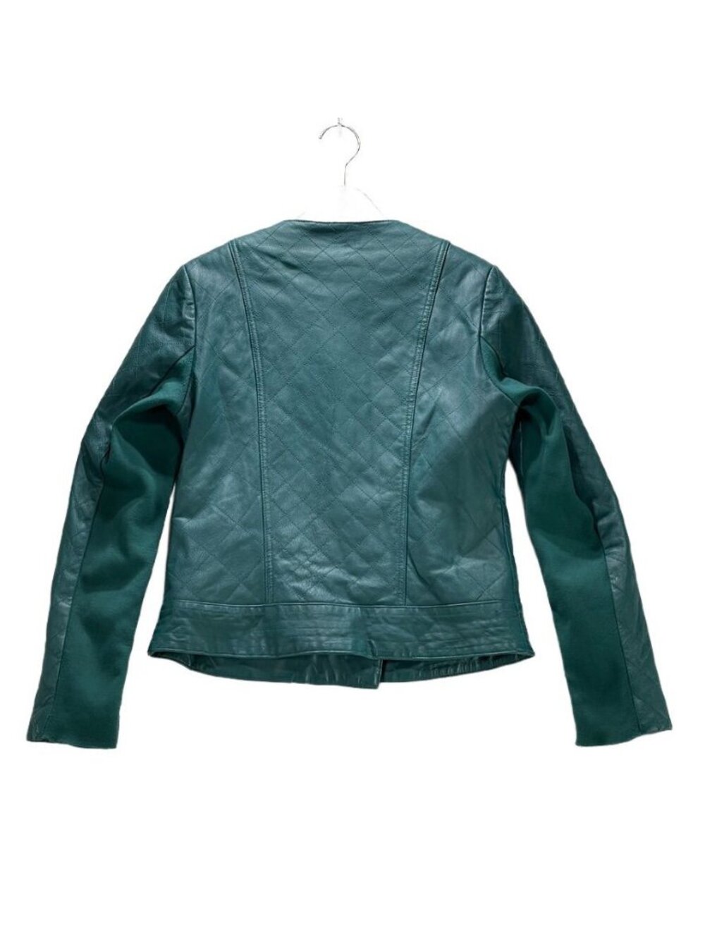 Iman Teal Leather Asymmetrical Moto Jacket XS Zipper Pockets Womens Size Small - Picture 11 of 13